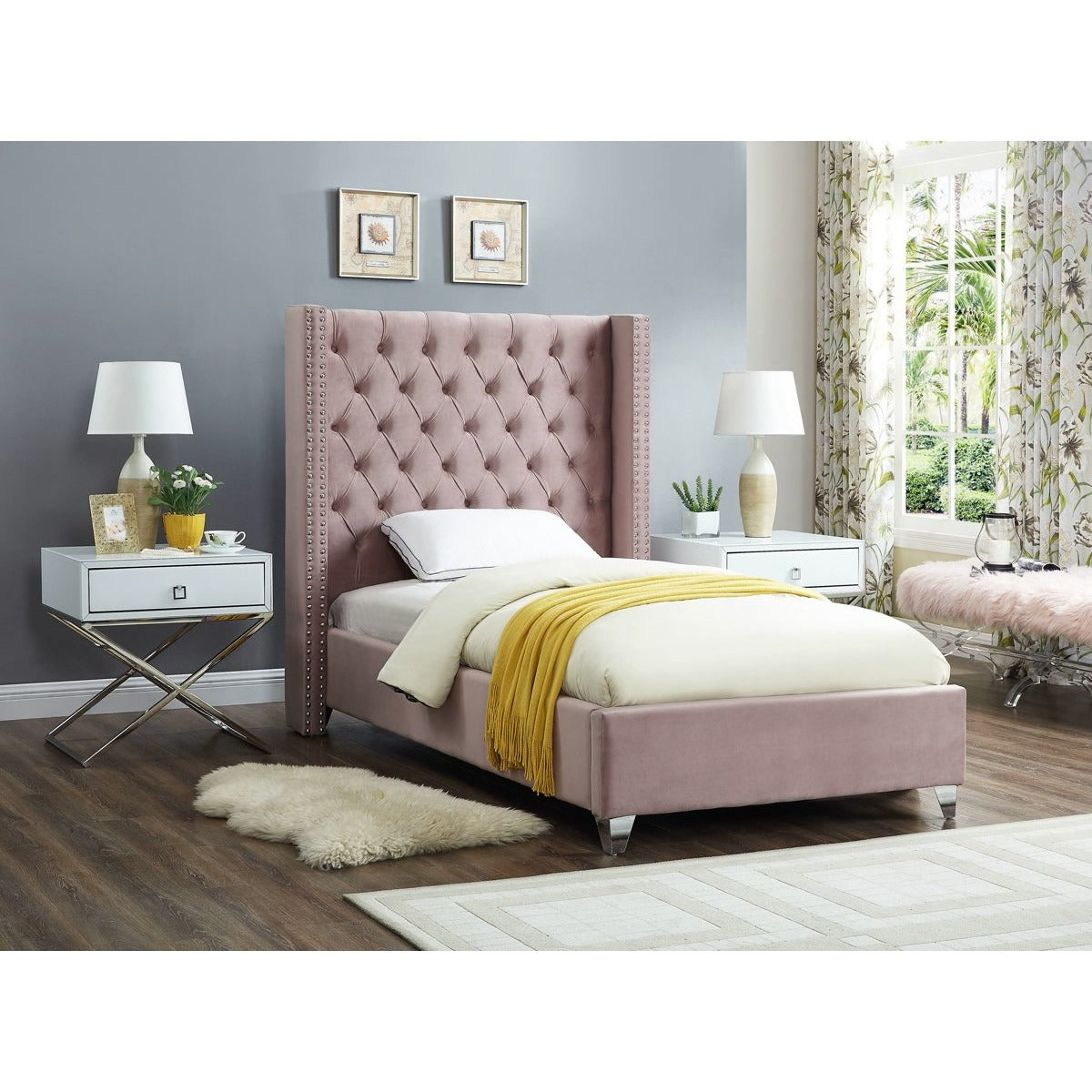 Meridian Furniture Aiden Pink Velvet Twin Bed-Minimal & Modern