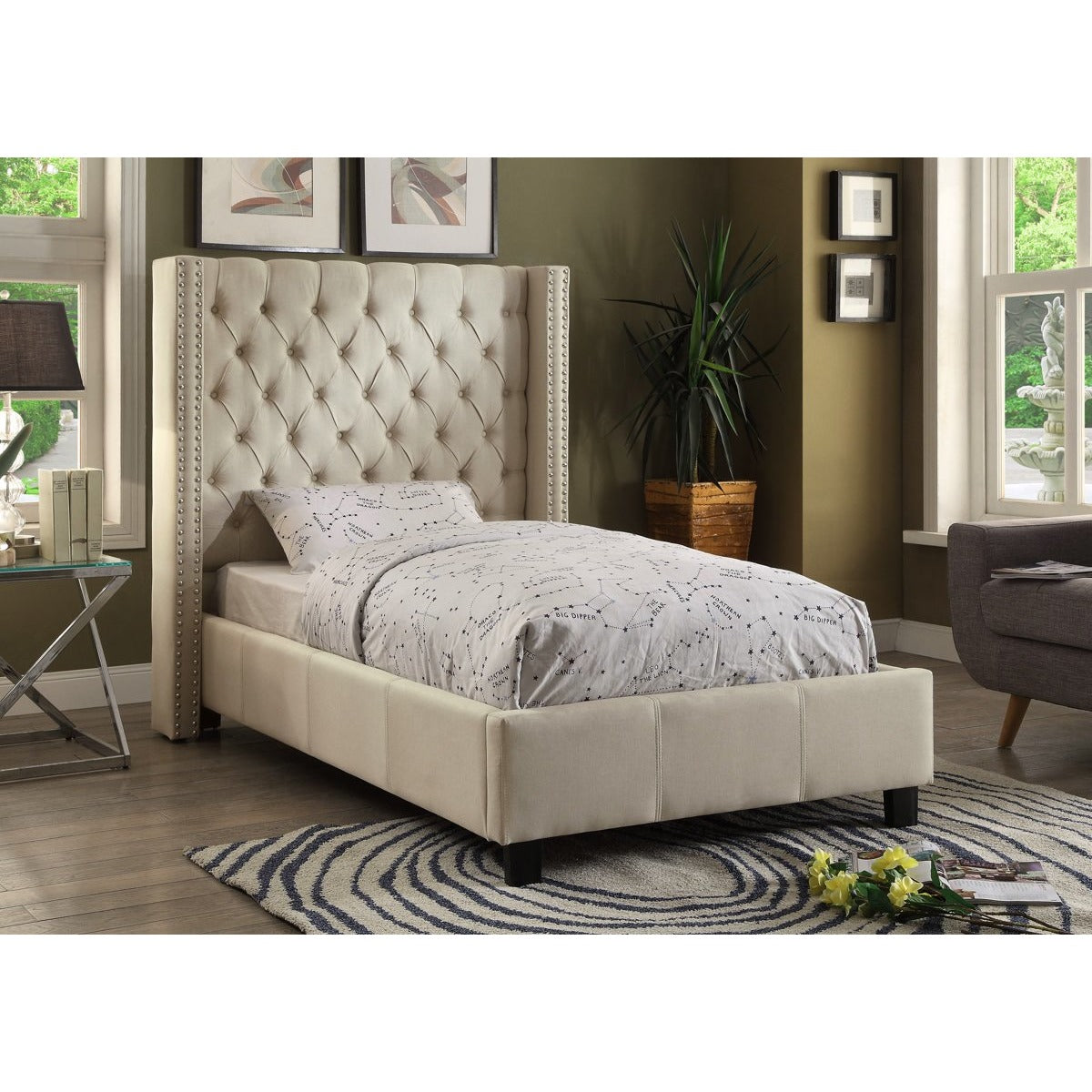 Meridian Furniture Ashton Beige Linen Twin Bed-Minimal & Modern