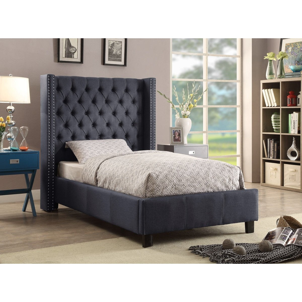 Meridian Furniture Ashton Grey Linen Twin Bed-Minimal & Modern