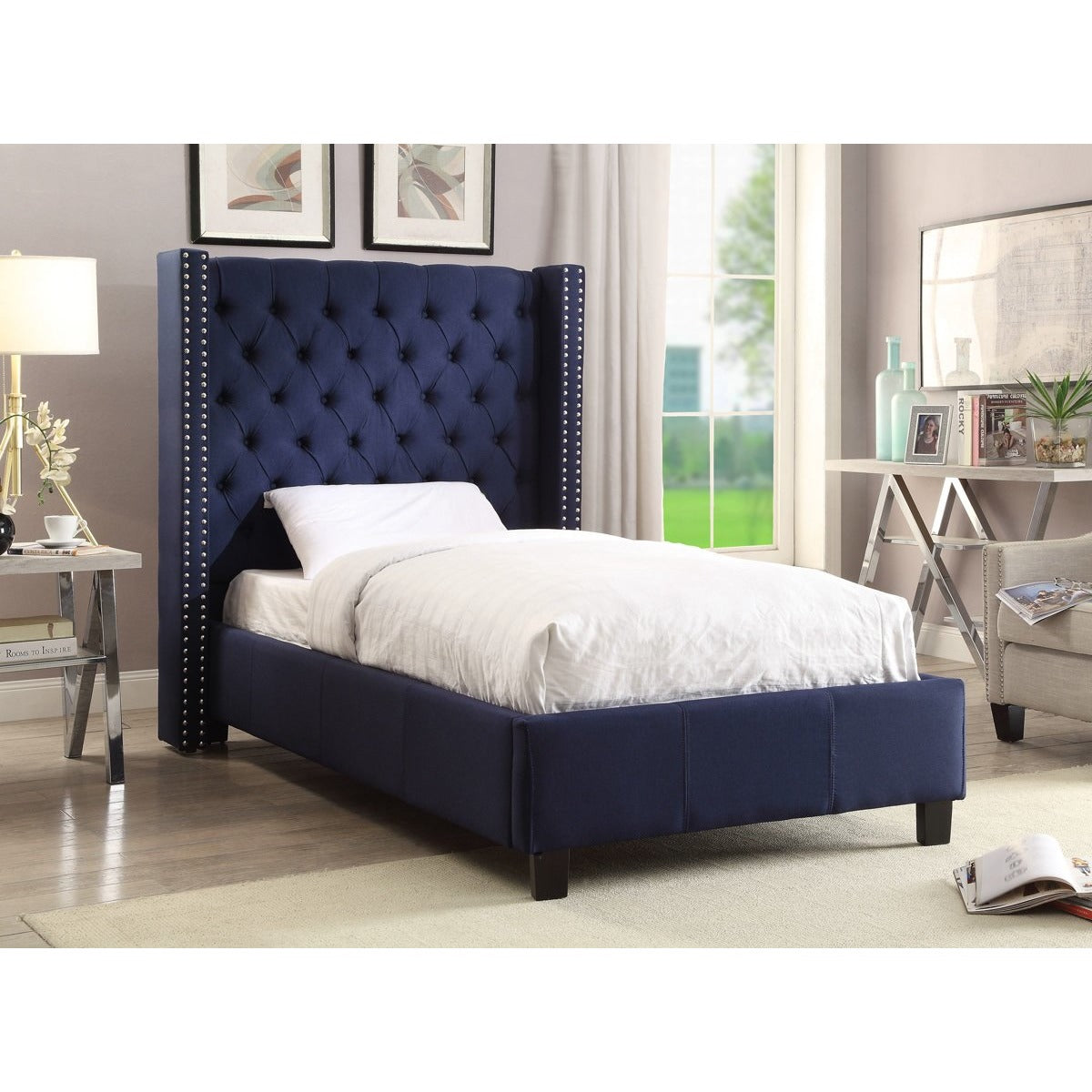 Meridian Furniture Ashton Navy Linen Twin Bed-Minimal & Modern