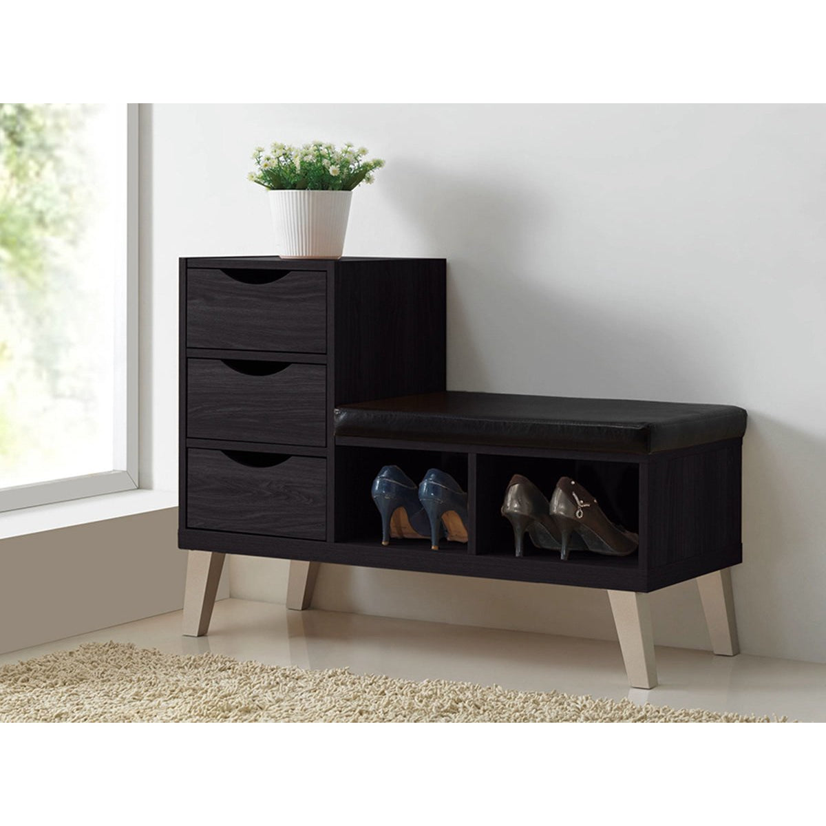Baxton Studio Arielle Modern and Contemporary Dark Brown Wood 3-drawer Shoe Storage Padded Leatherette Seating Bench with Two Open Shelves Baxton Studio-benches-Minimal And Modern - 4