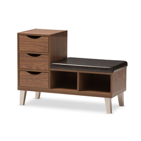 Baxton Studio Arielle Modern and Contemporary Walnut Brown Wood 3-Drawer Shoe Storage Padded Leatherette Seating Bench with Two Open Shelves Baxton Studio-benches-Minimal And Modern - 2