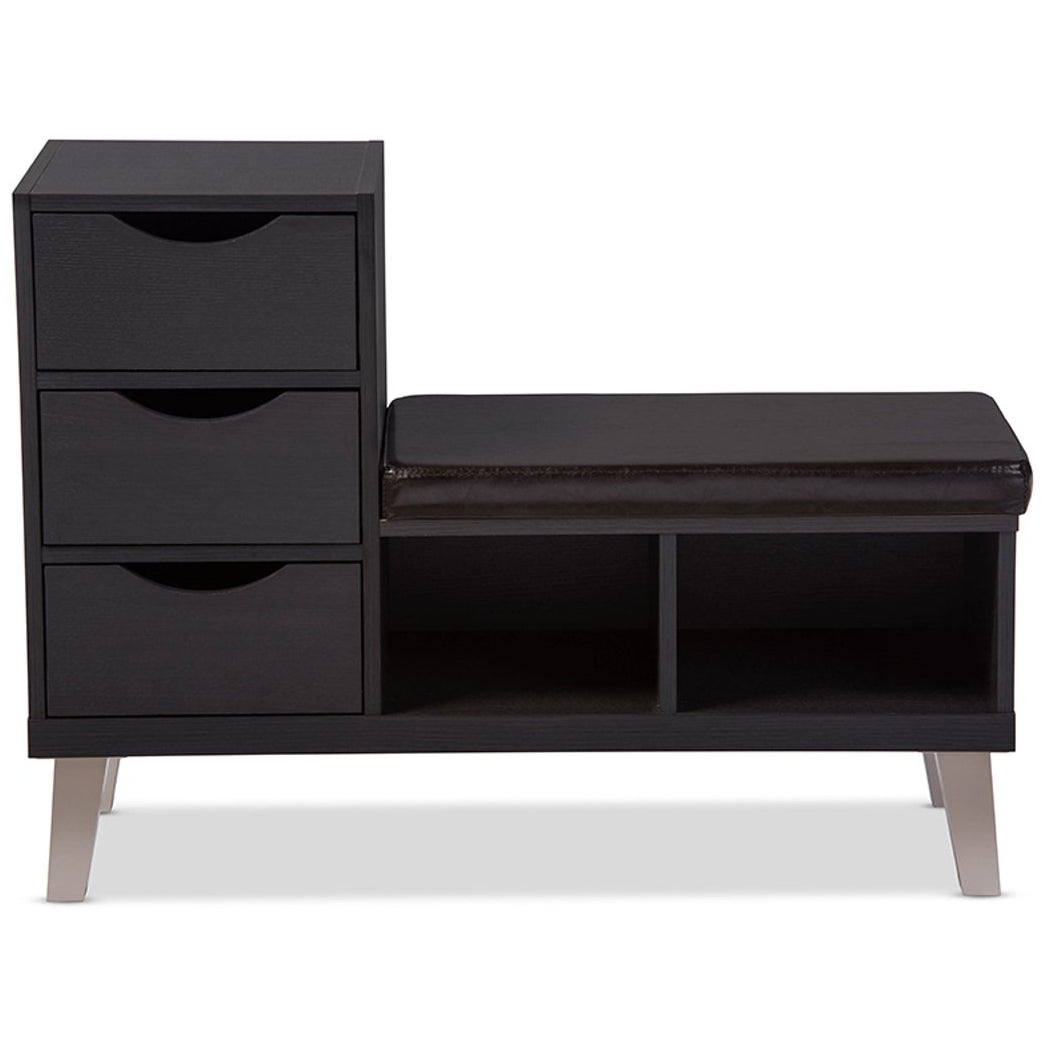 Baxton Studio Arielle Modern and Contemporary Dark Brown Wood 3-drawer Shoe Storage Padded Leatherette Seating Bench with Two Open Shelves Baxton Studio-benches-Minimal And Modern - 1
