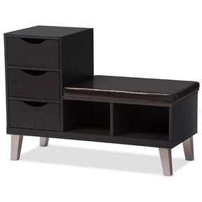 Baxton Studio Arielle Modern and Contemporary Dark Brown Wood 3-drawer Shoe Storage Padded Leatherette Seating Bench with Two Open Shelves Baxton Studio-benches-Minimal And Modern - 2