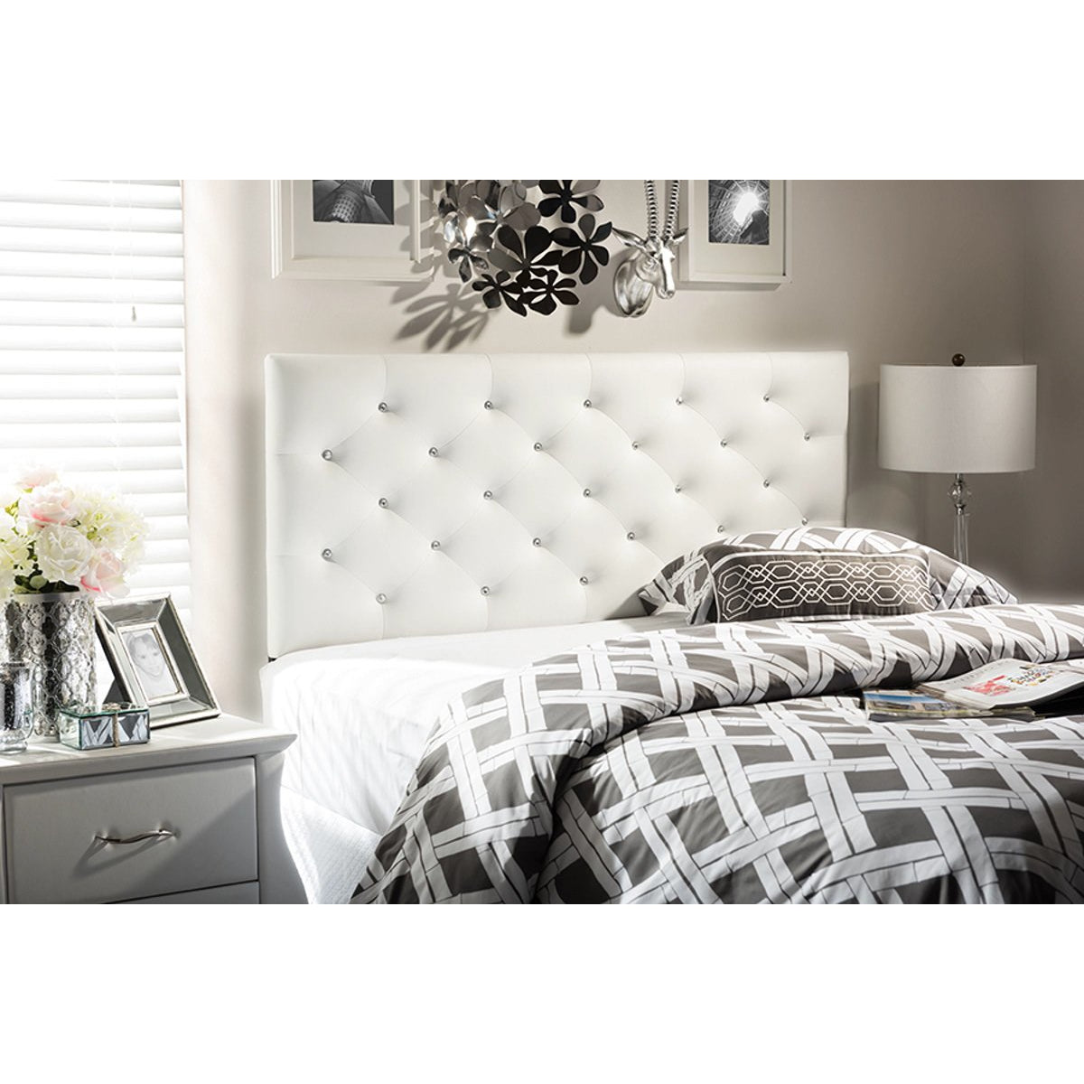 Baxton Studio Viviana Modern and Contemporary White Faux Leather Upholstered Button-tufted Full Size Headboard Baxton Studio-Full Headboard-Minimal And Modern - 5