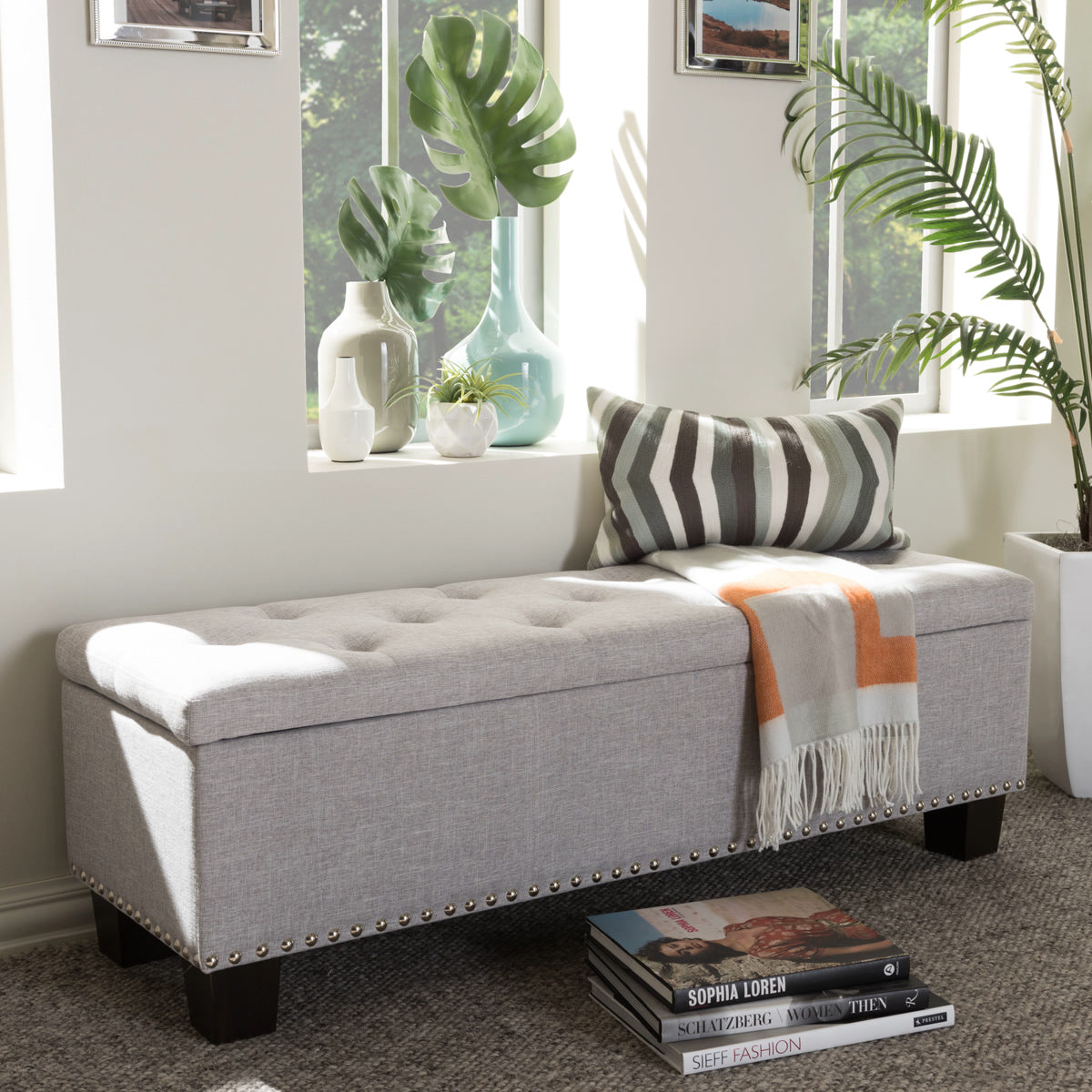 Baxton Studio Hannah Modern and Contemporary Grayish Beige Fabric Upholstered Button-Tufting Storage Ottoman Bench Baxton Studio-benches-Minimal And Modern - 1
