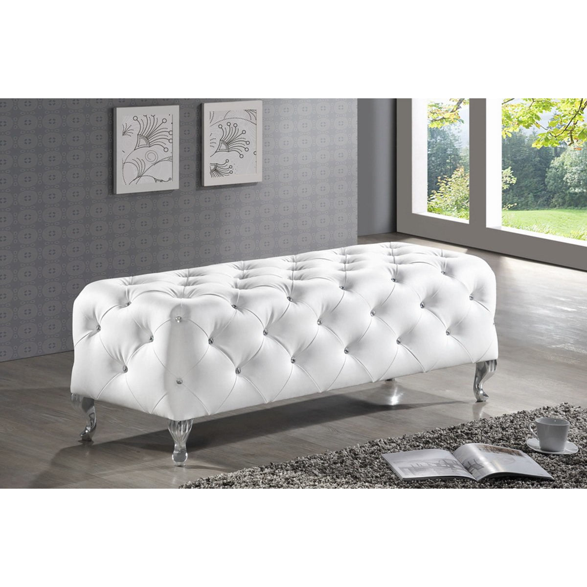 Baxton Studio Stella Crystal Tufted White Leather Modern Bench Baxton Studio-benches-Minimal And Modern - 2