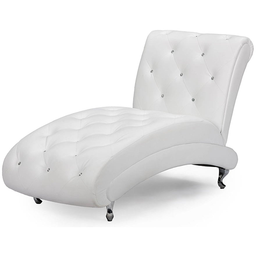 Baxton Studio Pease Contemporary White Faux Leather Upholstered Crystal Button Tufted Chaise Lounge Baxton Studio-chairs-Minimal And Modern - 2