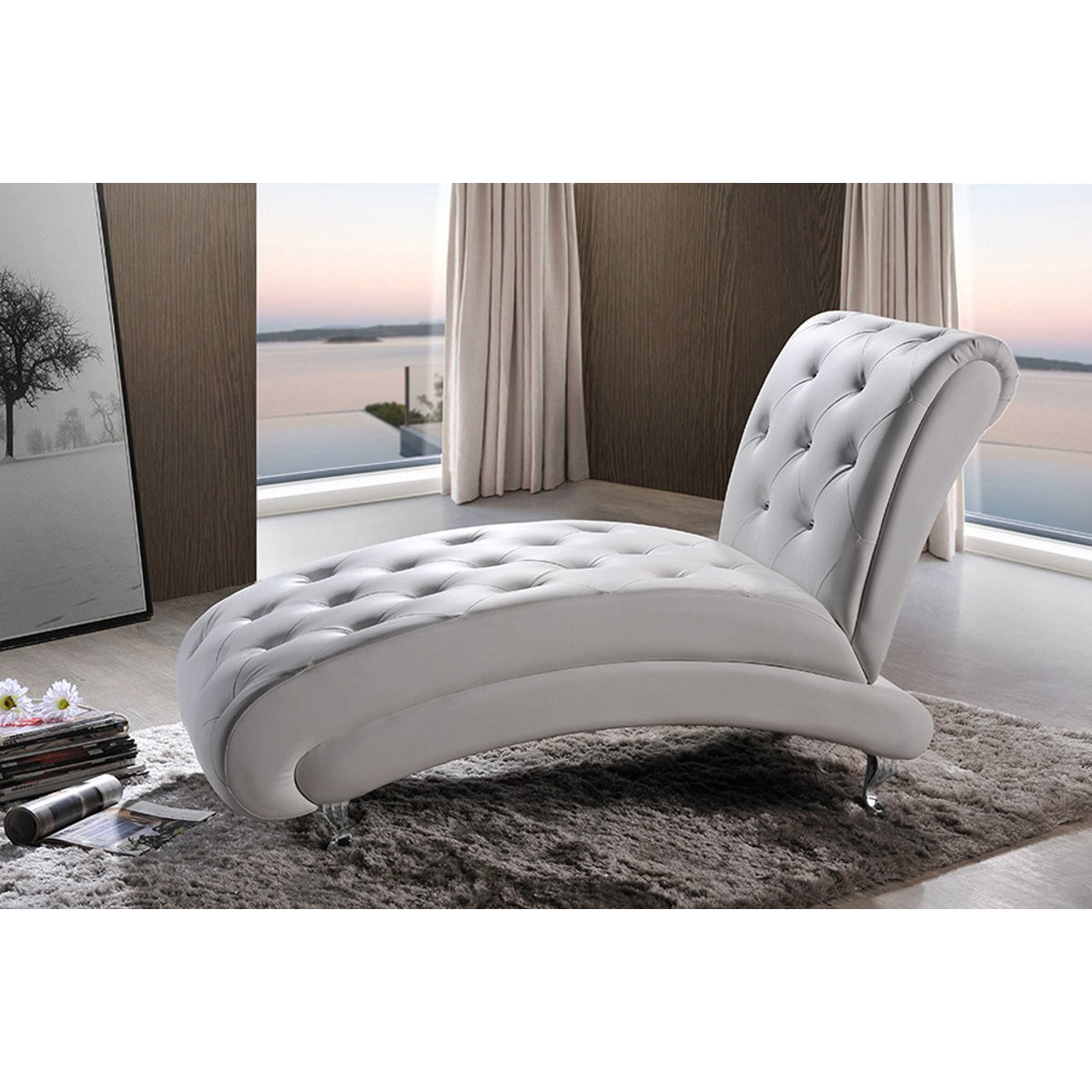 Baxton Studio Pease Contemporary White Faux Leather Upholstered Crystal Button Tufted Chaise Lounge Baxton Studio-chairs-Minimal And Modern - 5