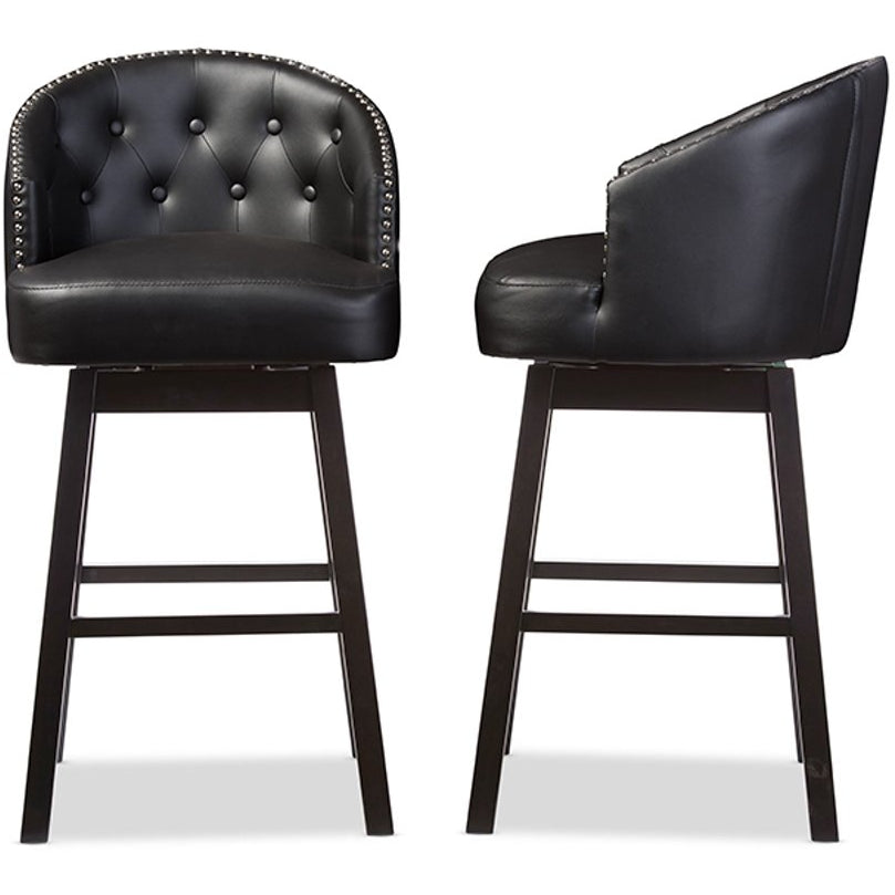 Baxton Studio Avril Modern and Contemporary Black Faux Leather Tufted Swivel Barstool with Nail heads Trim (Set of 2) Baxton Studio-Bar Stools-Minimal And Modern - 1