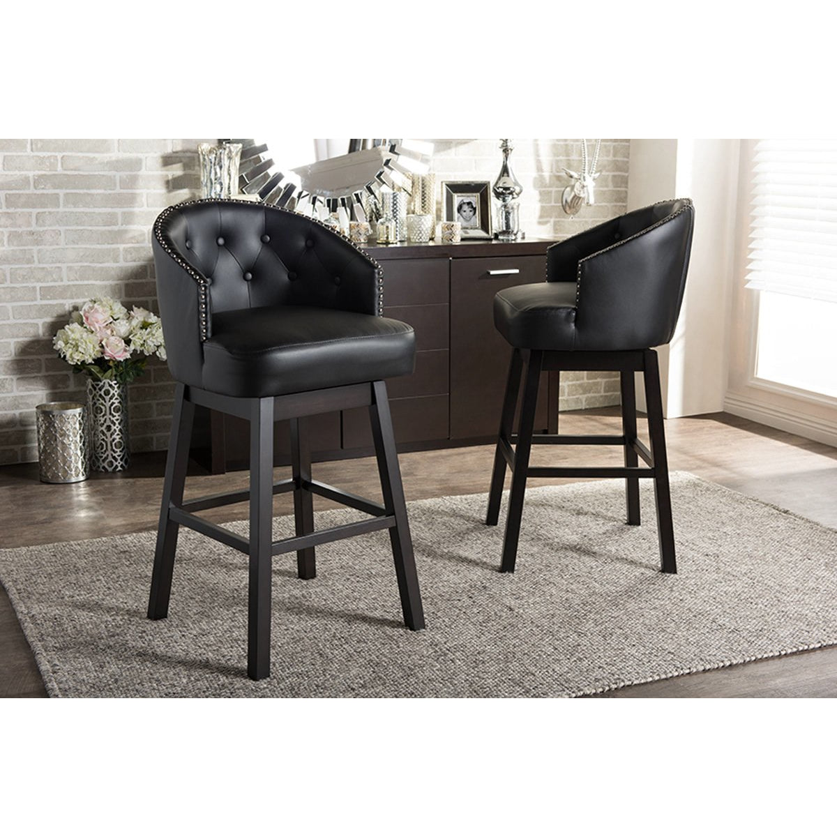 Baxton Studio Avril Modern and Contemporary Black Faux Leather Tufted Swivel Barstool with Nail heads Trim (Set of 2) Baxton Studio-Bar Stools-Minimal And Modern - 4