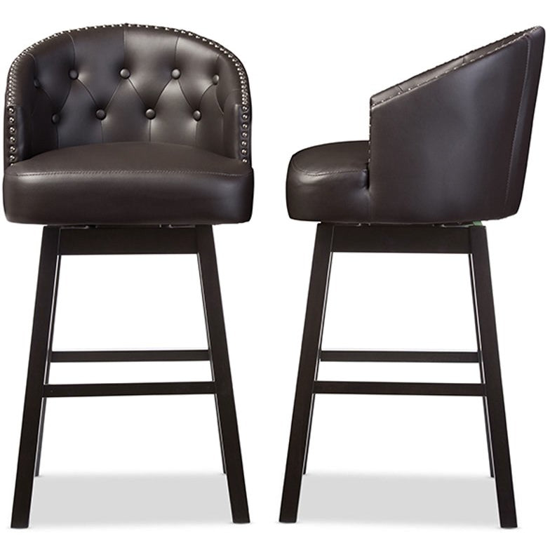 Baxton Studio Avril Modern and Contemporary Brown Faux Leather Tufted Swivel Barstool with Nail heads Trim (Set of 2) Baxton Studio-Bar Stools-Minimal And Modern - 1