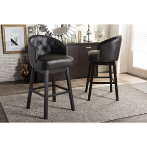 Baxton Studio Avril Modern and Contemporary Brown Faux Leather Tufted Swivel Barstool with Nail heads Trim (Set of 2) Baxton Studio-Bar Stools-Minimal And Modern - 4