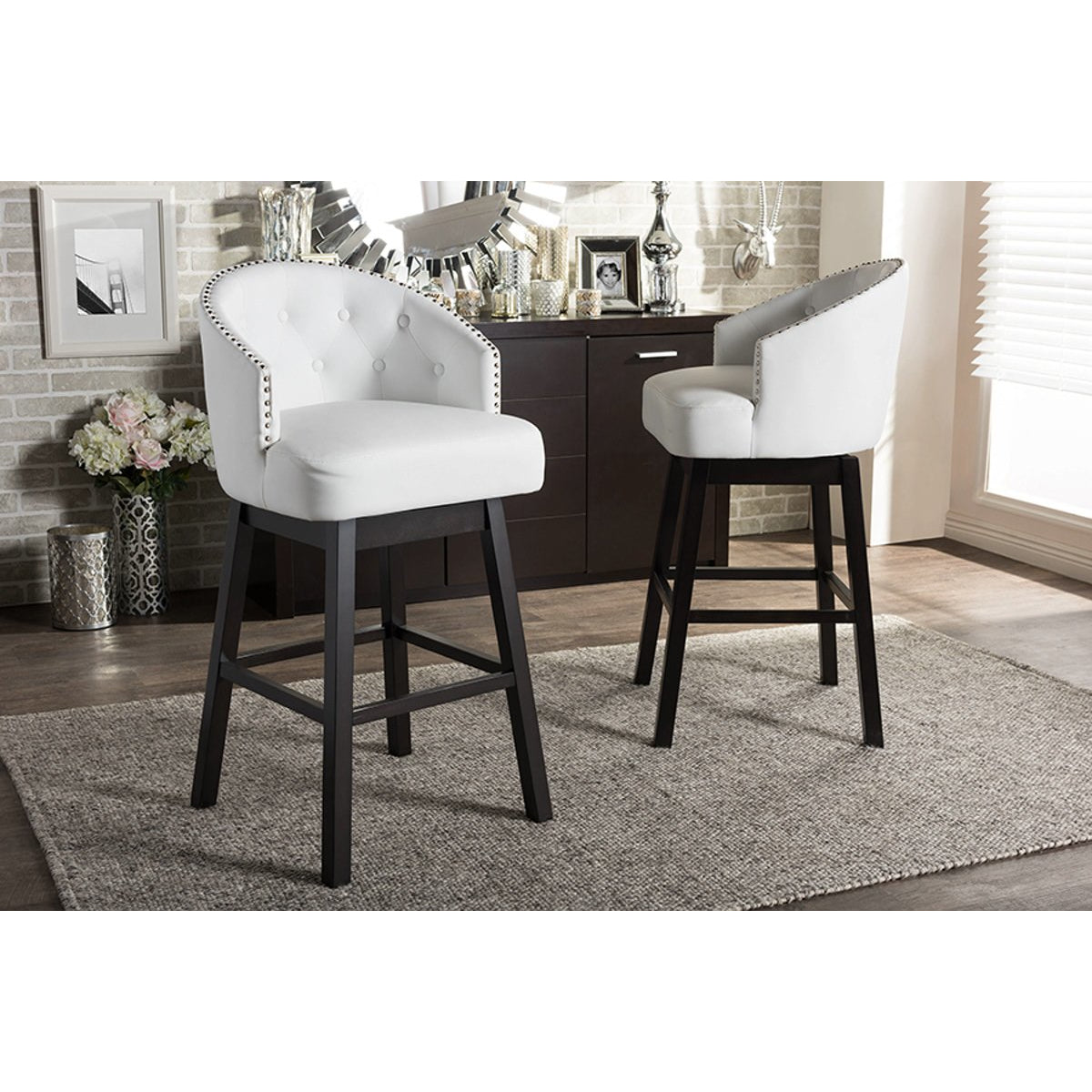 Baxton Studio Avril Modern and Contemporary White Faux Leather Tufted Swivel Barstool with Nail heads Trim (Set of 2) Baxton Studio-Bar Stools-Minimal And Modern - 4