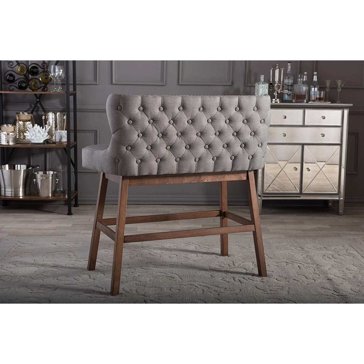 Baxton Studio Gradisca Modern and Contemporary Grey Fabric Button-tufted Upholstered Bar Bench Banquette Baxton Studio-Bar Stools-Minimal And Modern - 5