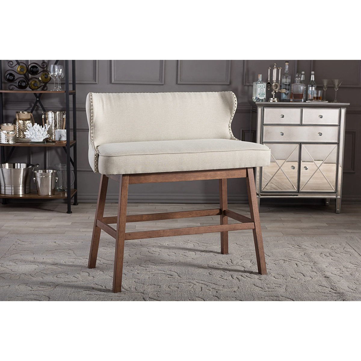 Baxton Studio Gradisca Modern and Contemporary Light Beige Fabric Button-tufted Upholstered Bar Bench Banquette Baxton Studio-Bar Stools-Minimal And Modern - 6