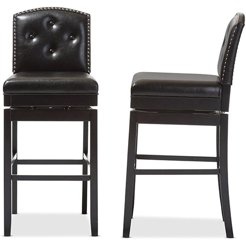 Baxton Studio Ginaro Modern and Contemporary Dark Brown Faux Leather Button-tufted Upholstered Swivel Bar Stool (Set of 2) Baxton Studio-Bar Stools-Minimal And Modern - 1
