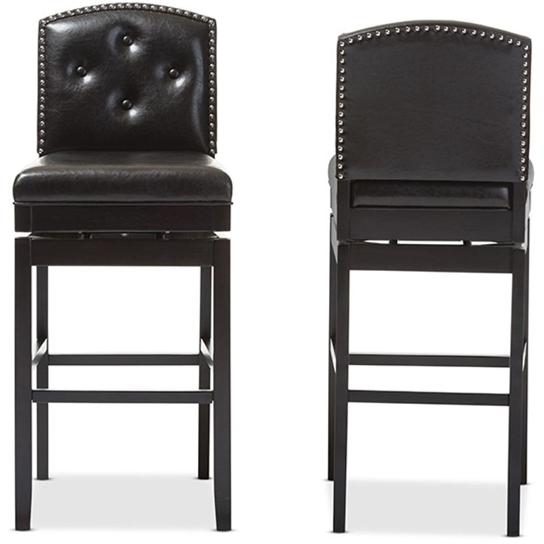 Baxton Studio Ginaro Modern and Contemporary Dark Brown Faux Leather Button-tufted Upholstered Swivel Bar Stool (Set of 2) Baxton Studio-Bar Stools-Minimal And Modern - 2