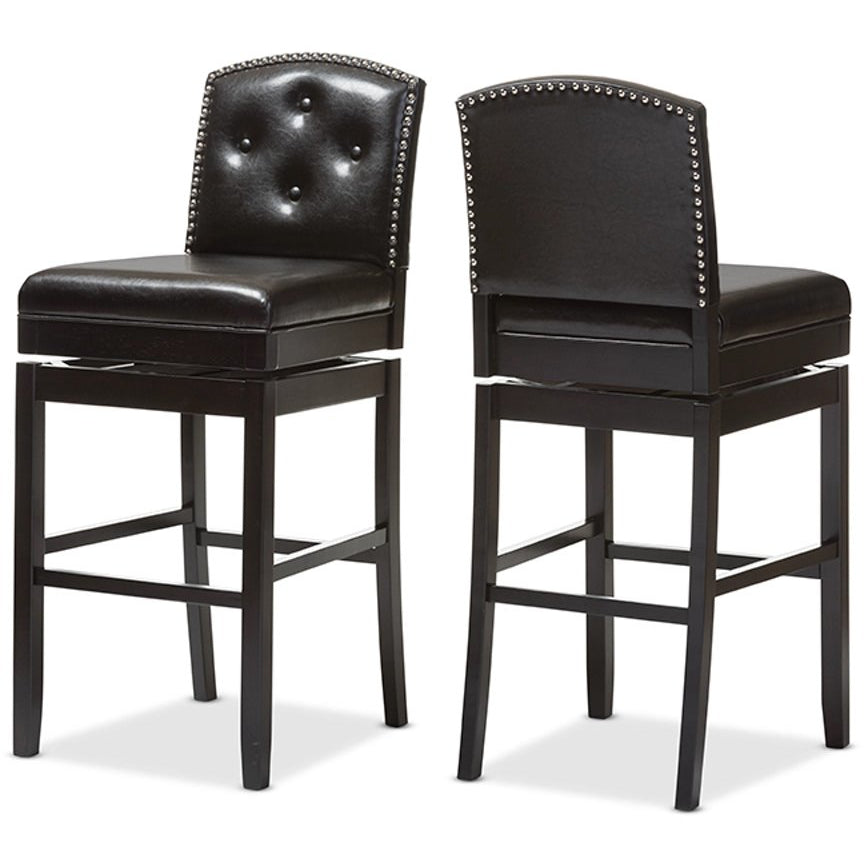 Baxton Studio Ginaro Modern and Contemporary Dark Brown Faux Leather Button-tufted Upholstered Swivel Bar Stool (Set of 2) Baxton Studio-Bar Stools-Minimal And Modern - 4