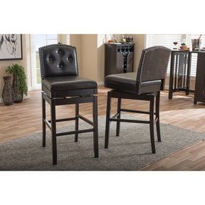 Baxton Studio Ginaro Modern and Contemporary Dark Brown Faux Leather Button-tufted Upholstered Swivel Bar Stool (Set of 2) Baxton Studio-Bar Stools-Minimal And Modern - 5