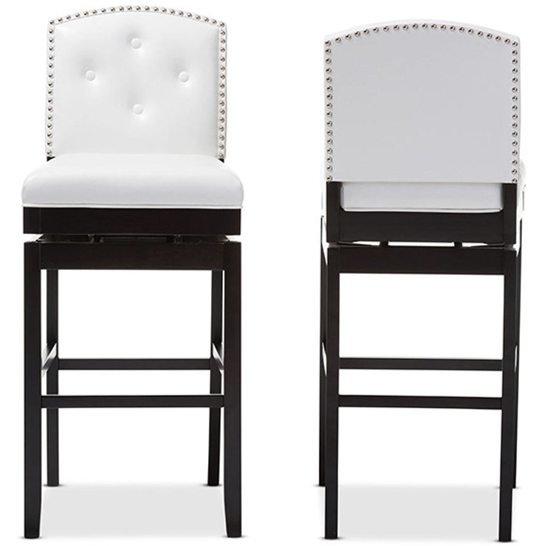 Baxton Studio Ginaro Modern and Contemporary White Faux Leather Button-tufted Upholstered Swivel Bar Stool (Set of 2) Baxton Studio-Bar Stools-Minimal And Modern - 1