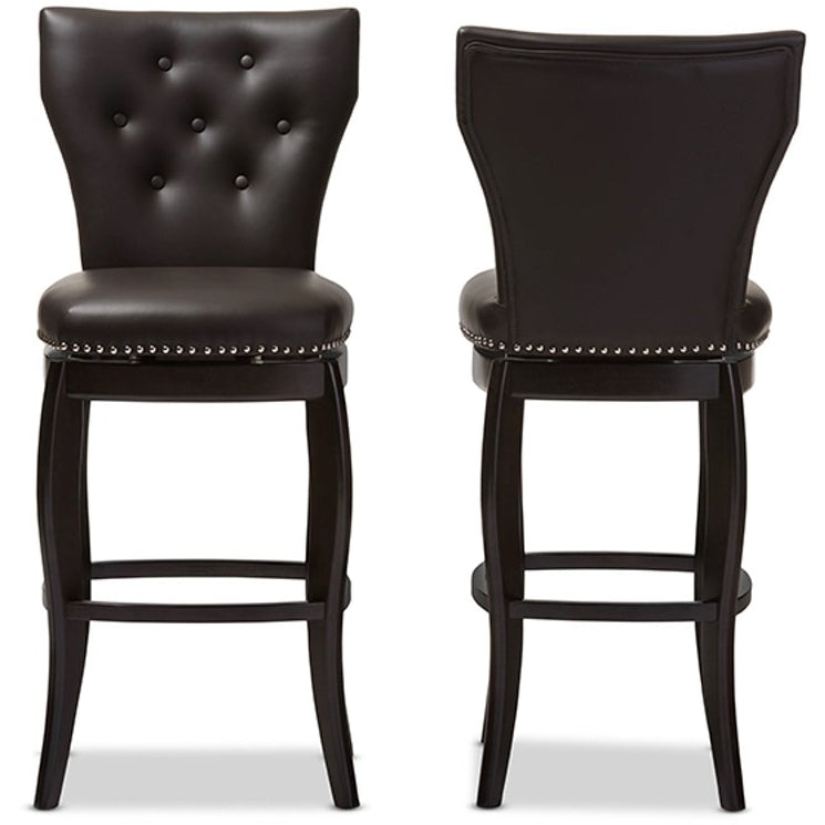 Baxton Studio Leonice Modern and Contemporary Dark Brown Faux Leather Upholstered Button-tufted 29-Inch Swivel Bar Stool (Set of 2) Baxton Studio-Bar Stools-Minimal And Modern - 1