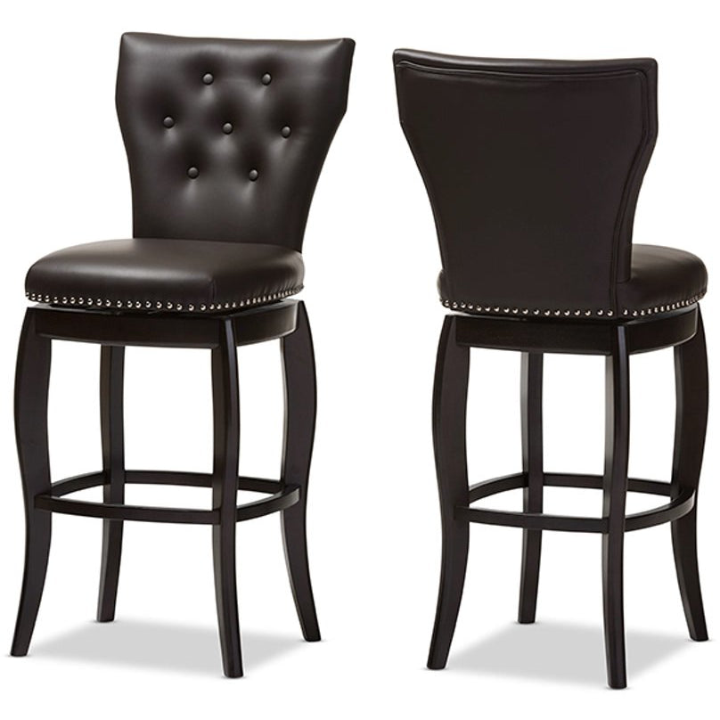 Baxton Studio Leonice Modern and Contemporary Dark Brown Faux Leather Upholstered Button-tufted 29-Inch Swivel Bar Stool (Set of 2) Baxton Studio-Bar Stools-Minimal And Modern - 2