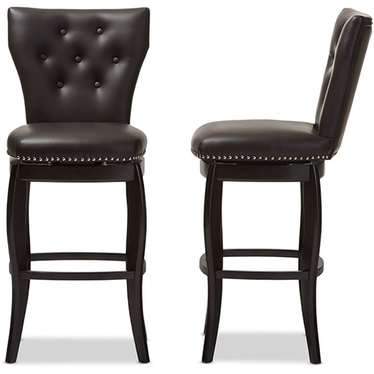 Baxton Studio Leonice Modern and Contemporary Dark Brown Faux Leather Upholstered Button-tufted 29-Inch Swivel Bar Stool (Set of 2) Baxton Studio-Bar Stools-Minimal And Modern - 4