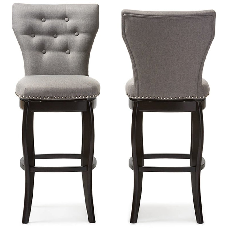 Baxton Studio Leonice Modern and Contemporary Grey Fabric Upholstered Button-tufted 29-Inch Swivel Bar Stool (Set of 2) Baxton Studio-Bar Stools-Minimal And Modern - 1