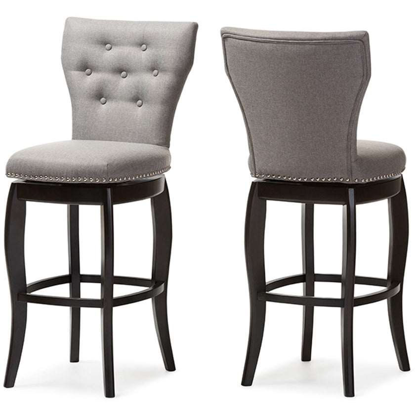 Baxton Studio Leonice Modern and Contemporary Grey Fabric Upholstered Button-tufted 29-Inch Swivel Bar Stool (Set of 2) Baxton Studio-Bar Stools-Minimal And Modern - 2