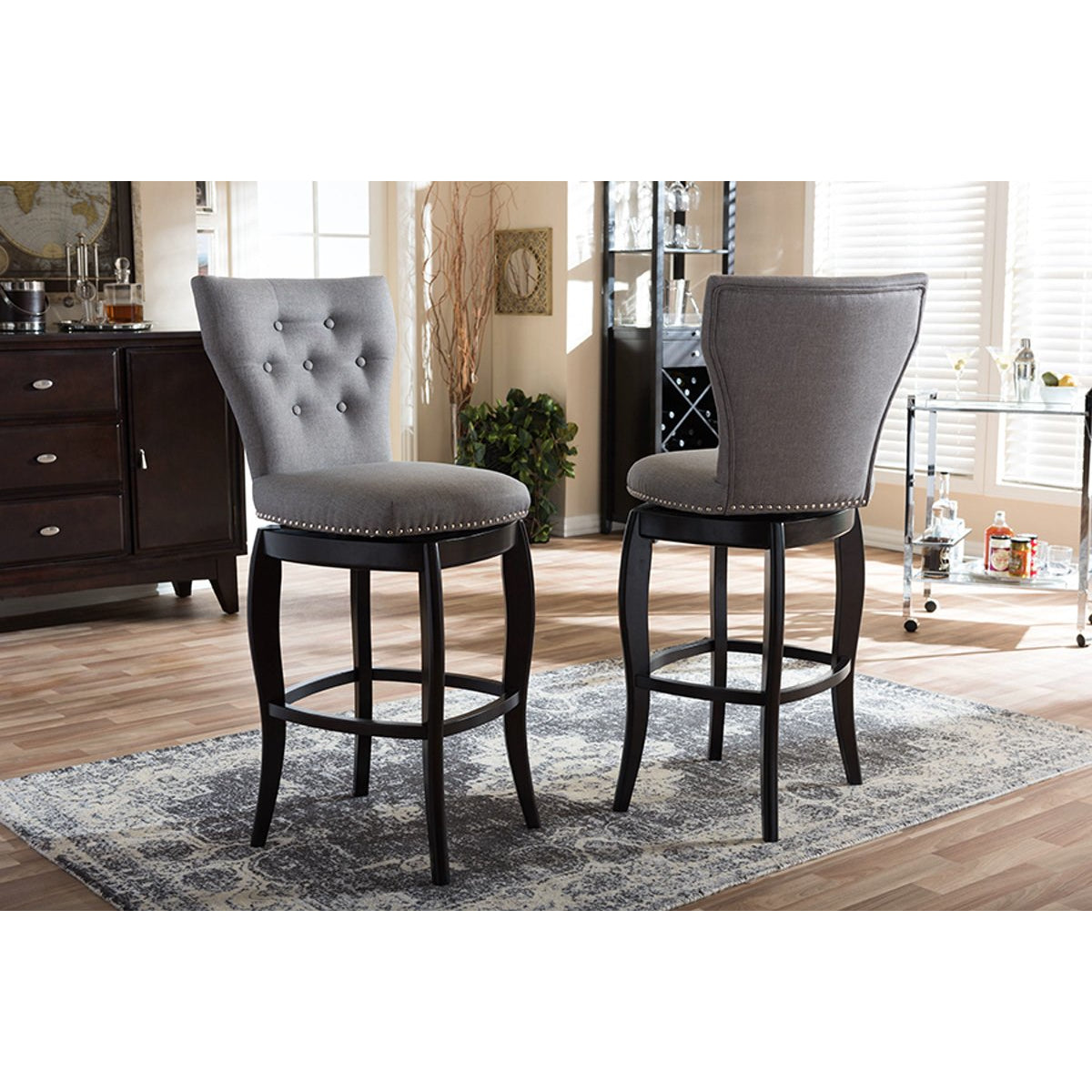 Baxton Studio Leonice Modern and Contemporary Grey Fabric Upholstered Button-tufted 29-Inch Swivel Bar Stool (Set of 2) Baxton Studio-Bar Stools-Minimal And Modern - 5
