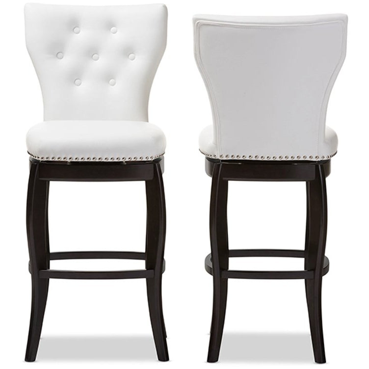 Baxton Studio Leonice Modern and Contemporary White Faux Leather Upholstered Button-tufted 29-Inch Swivel Bar Stool (Set of 2) Baxton Studio-Bar Stools-Minimal And Modern - 1