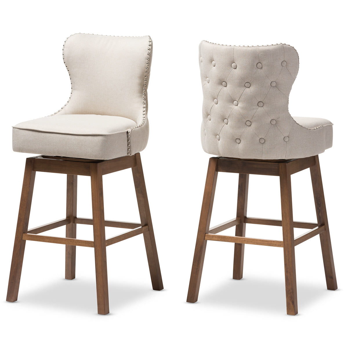 Baxton Studio Gradisca Modern and Contemporary Brown Wood Finishing and Light Beige Fabric Button-Tufted Upholstered Swivel Barstool Baxton Studio-Bar Stools-Minimal And Modern - 2