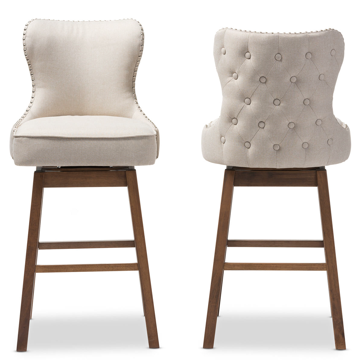 Baxton Studio Gradisca Modern and Contemporary Brown Wood Finishing and Light Beige Fabric Button-Tufted Upholstered Swivel Barstool Baxton Studio-Bar Stools-Minimal And Modern - 3