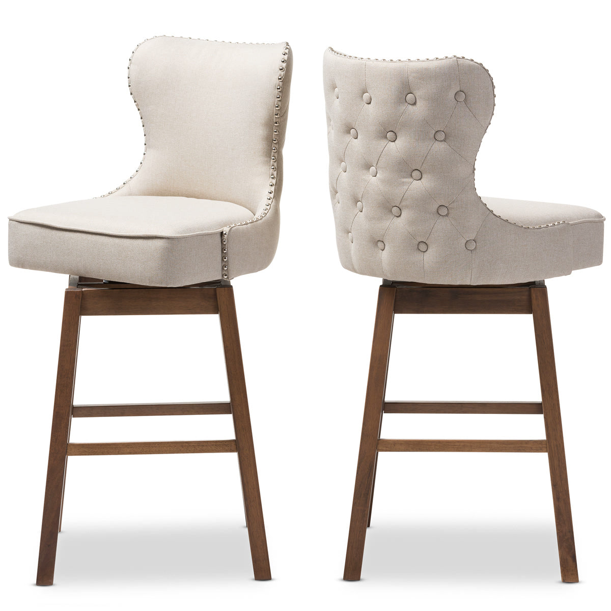 Baxton Studio Gradisca Modern and Contemporary Brown Wood Finishing and Light Beige Fabric Button-Tufted Upholstered Swivel Barstool Baxton Studio-Bar Stools-Minimal And Modern - 5