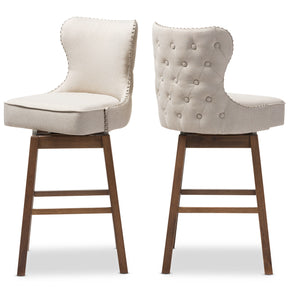 Baxton Studio Gradisca Modern and Contemporary Brown Wood Finishing and Light Beige Fabric Button-Tufted Upholstered Swivel Barstool Baxton Studio-Bar Stools-Minimal And Modern - 5