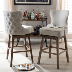 Baxton Studio Gradisca Modern and Contemporary Brown Wood Finishing and Light Beige Fabric Button-Tufted Upholstered Swivel Barstool Baxton Studio-Bar Stools-Minimal And Modern - 1