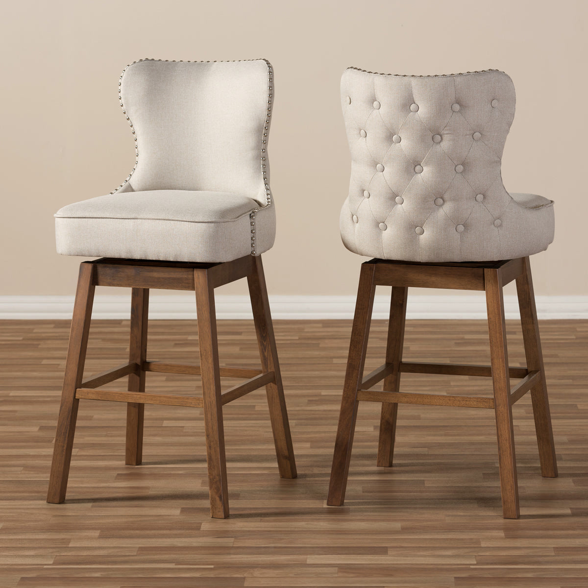 Baxton Studio Gradisca Modern and Contemporary Brown Wood Finishing and Light Beige Fabric Button-Tufted Upholstered Swivel Barstool Baxton Studio-Bar Stools-Minimal And Modern - 8