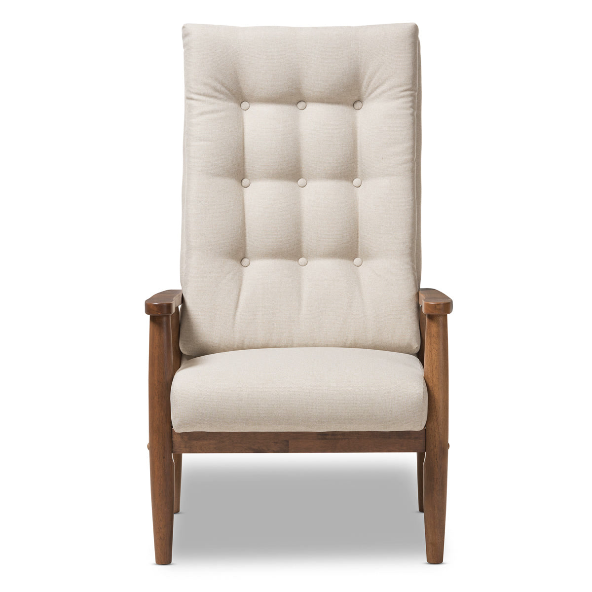 Baxton Studio Roxy Mid-Century Modern Walnut Brown Finish Wood and Light Beige Fabric Upholstered Button-Tufted High-Back Chair Baxton Studio-chairs-Minimal And Modern - 3
