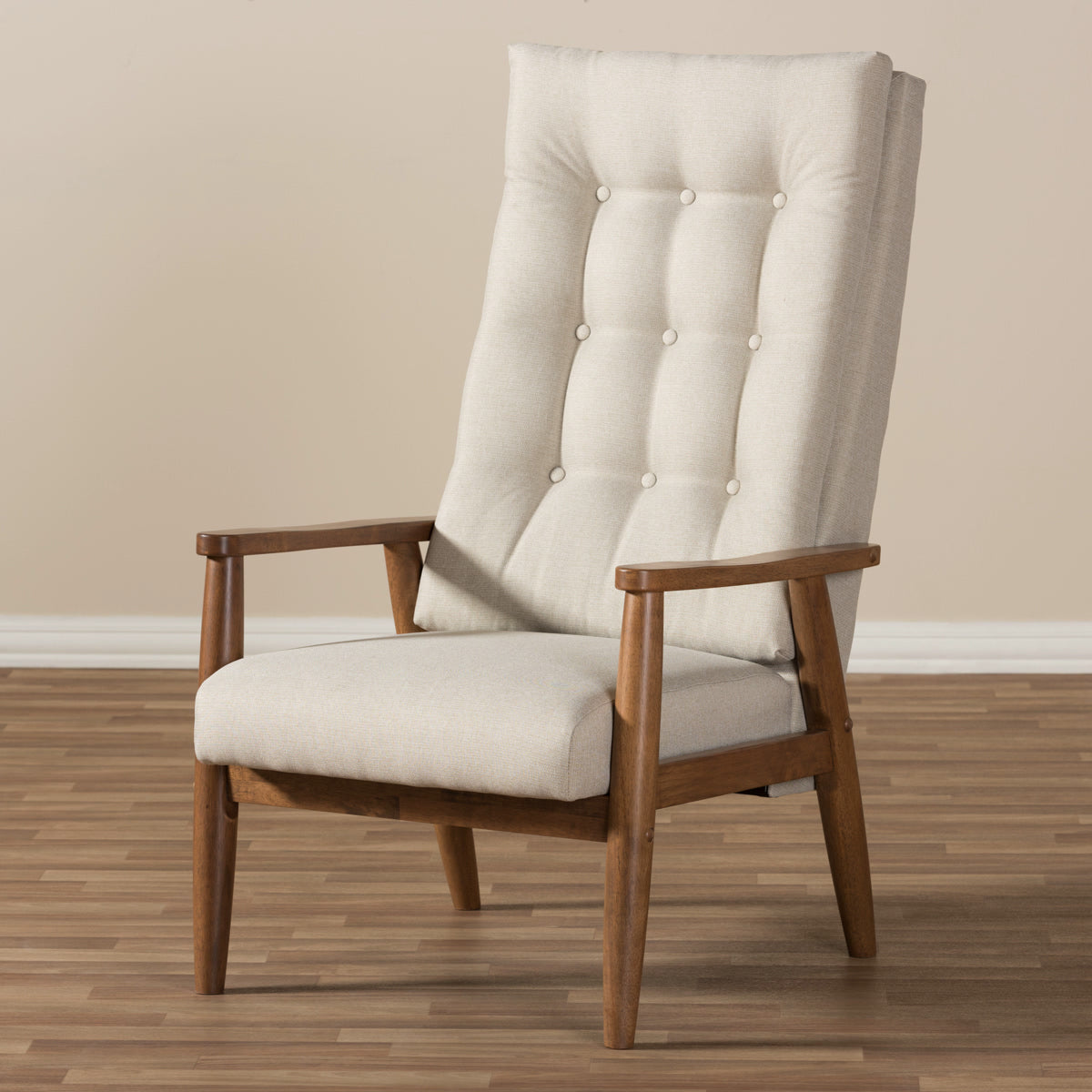 Baxton Studio Roxy Mid-Century Modern Walnut Brown Finish Wood and Light Beige Fabric Upholstered Button-Tufted High-Back Chair Baxton Studio-chairs-Minimal And Modern - 8