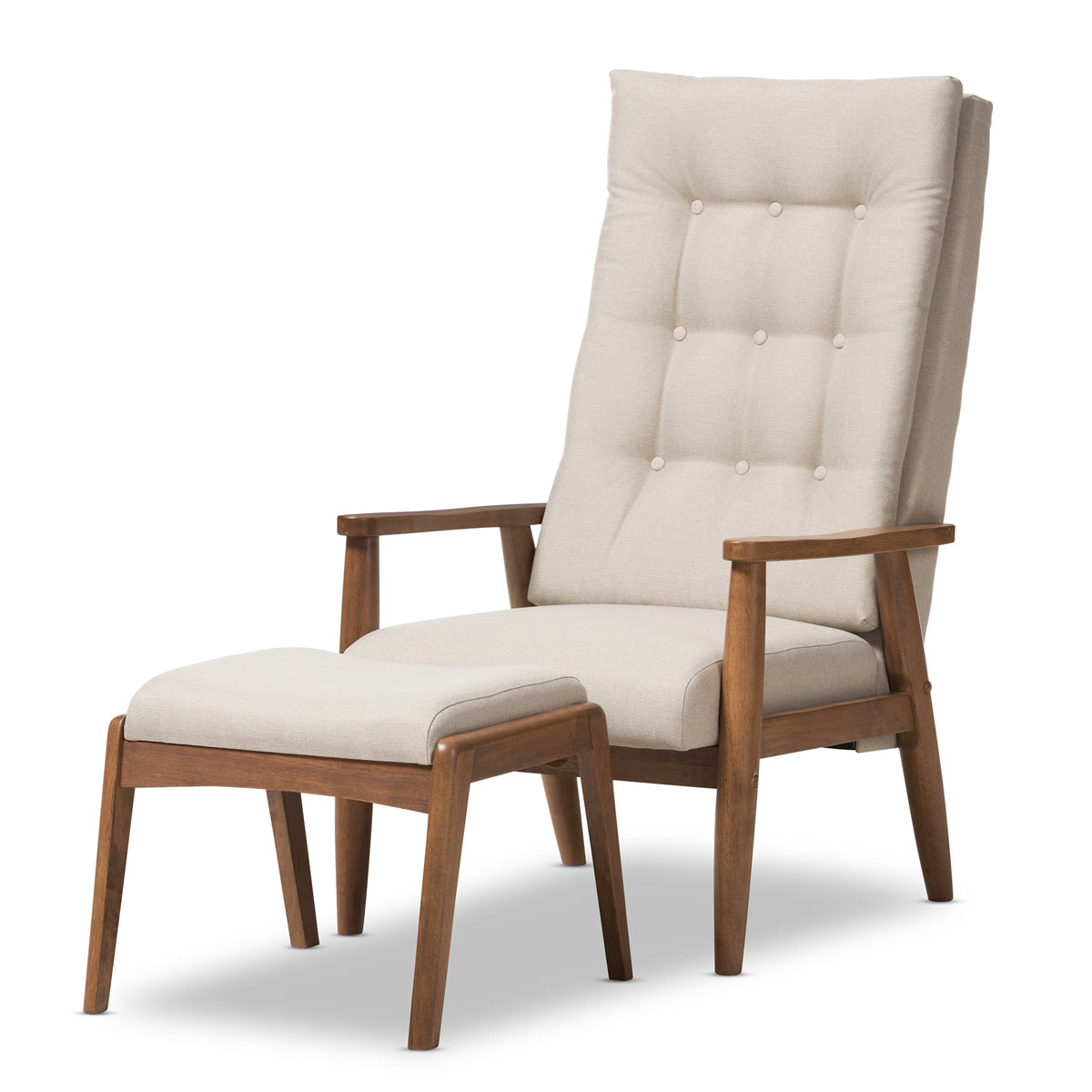 Baxton Studio Roxy Mid-Century Modern Walnut Wood Finishing and Light Beige Fabric Upholstered Button-Tufted High-Back Lounge Chair and Ottoman Set Baxton Studio--Minimal And Modern - 2
