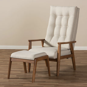 Baxton Studio Roxy Mid-Century Modern Walnut Wood Finishing and Light Beige Fabric Upholstered Button-Tufted High-Back Lounge Chair and Ottoman Set Baxton Studio--Minimal And Modern - 6