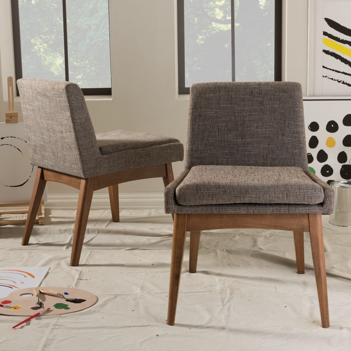 Baxton Studio Nexus Mid-Century Modern Walnut Wood Finishing and Gravel Fabric Upholstered Dining Side Chair (Set of 2) Baxton Studio-dining chair-Minimal And Modern - 1