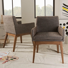 Baxton Studio Nexus Mid-Century Modern Walnut Wood Finishing and Gravel Fabric Upholstered Arm Chair (Set of 2) Baxton Studio-dining chair-Minimal And Modern - 1