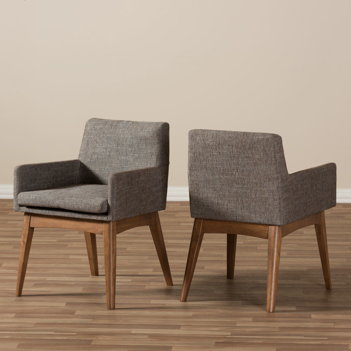 Baxton Studio Nexus Mid-Century Modern Walnut Wood Finishing and Gravel Fabric Upholstered Arm Chair (Set of 2) Baxton Studio-dining chair-Minimal And Modern - 7