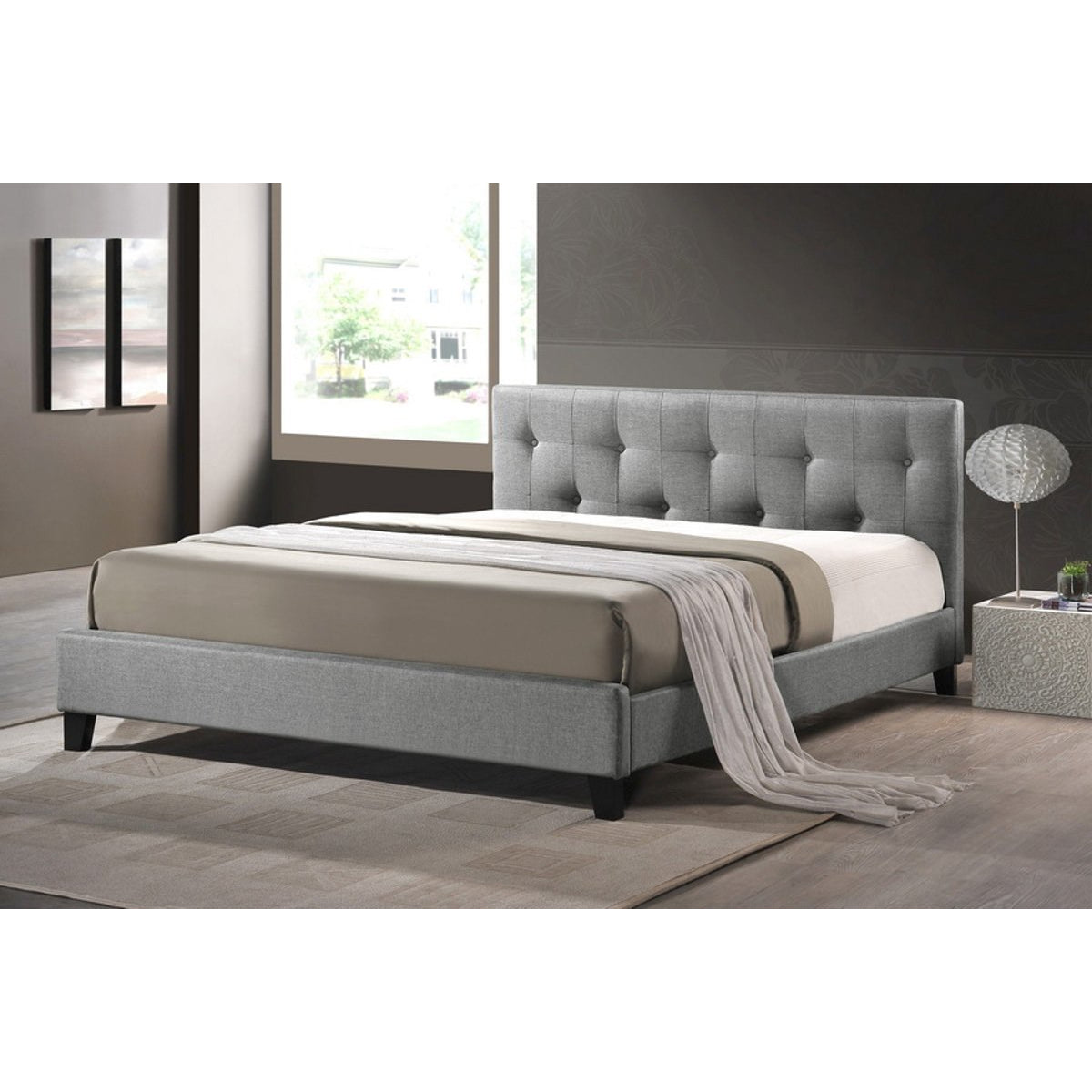 Baxton Studio Annette Gray Linen Modern Bed with Upholstered Headboard - Full Size Baxton Studio-beds-Minimal And Modern - 1