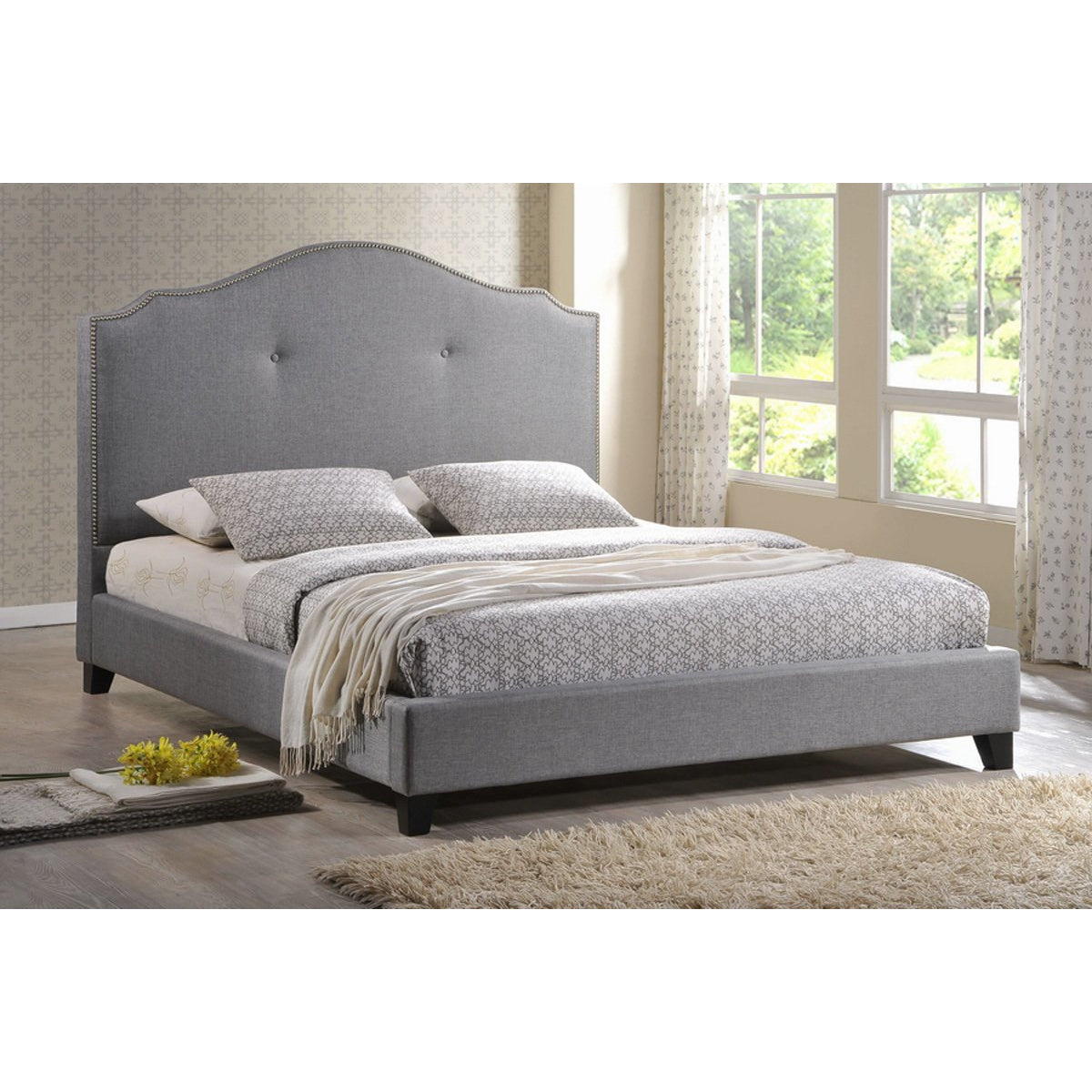 Baxton Studio Marsha Scalloped Gray Linen Modern Bed with Upholstered Headboard - Queen Size Baxton Studio-beds-Minimal And Modern - 1