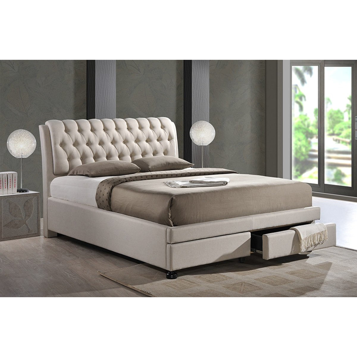 Baxton Studio Ainge Contemporary Button-Tufted Light Beige Fabric Upholstered Storage King-Size Bed with 2-drawer Baxton Studio-beds-Minimal And Modern - 5