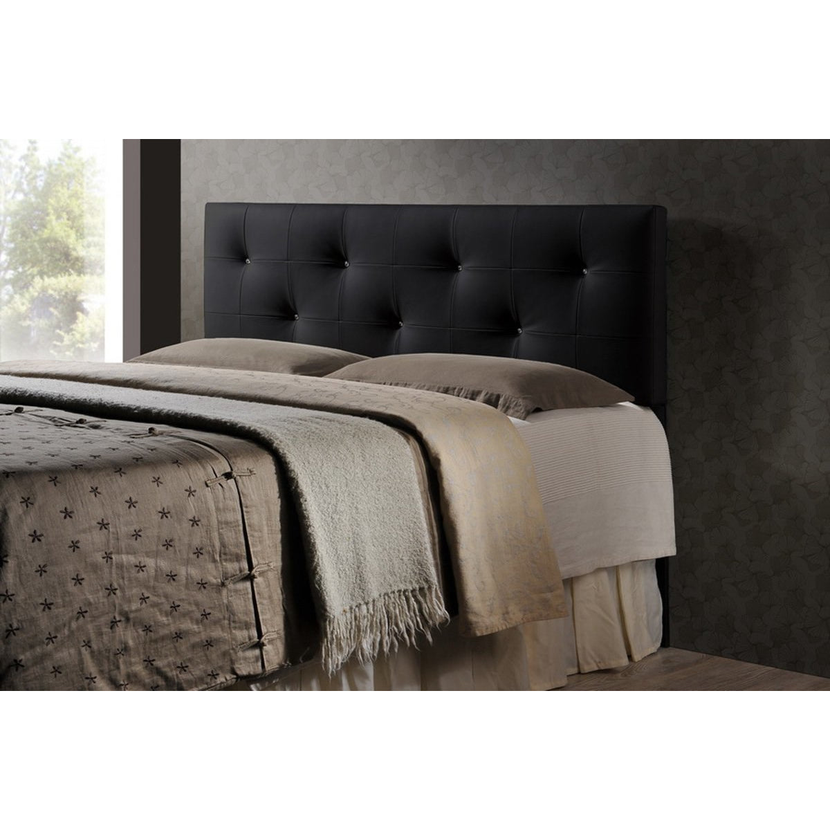 Baxton Studio Dalini Modern and Contemporary Queen Black Faux Leather Headboard with Faux Crystal Buttons Baxton Studio-Headboards-Minimal And Modern - 1