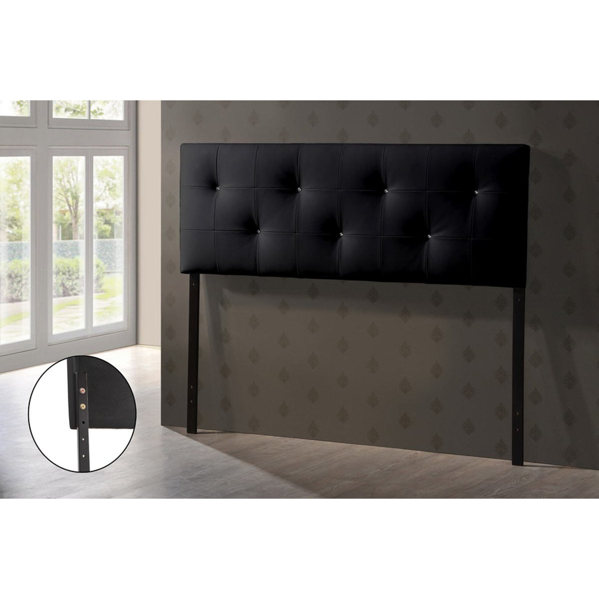 Baxton Studio Dalini Modern and Contemporary Full Black Faux Leather Headboard with Faux Crystal Buttons Baxton Studio-Headboards-Minimal And Modern - 2